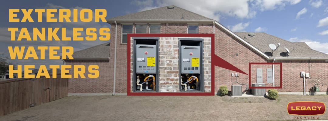 Picture of an external tankless water heater recessed in the brick